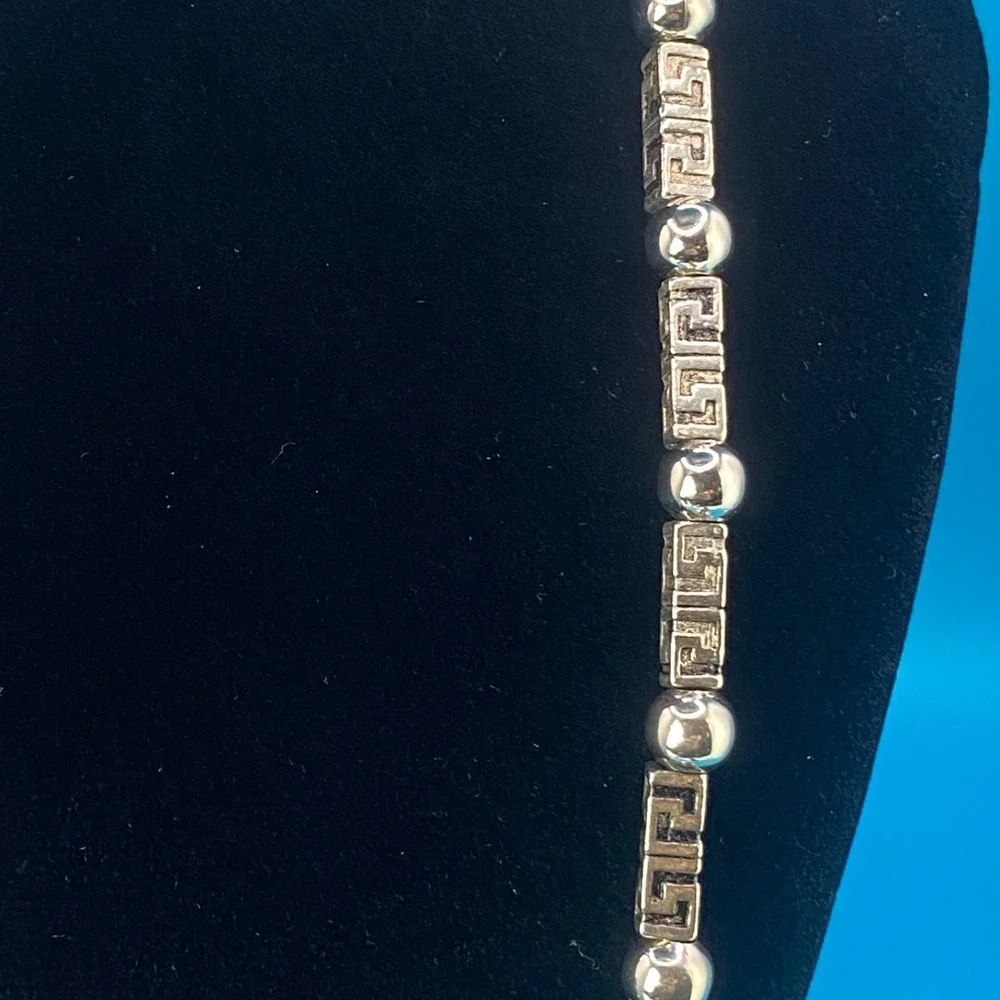Silver Tone Greek Key Meander Bead Necklace & Large‎ Hoop Earring Set Pre-Owned